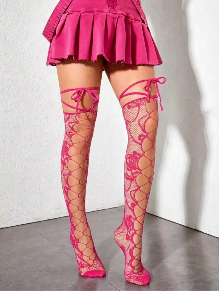 Women’s Black Lace-Up Over-the-Knee Fishnet Stockings – Crisscross Sheer Thigh-High Hosiery